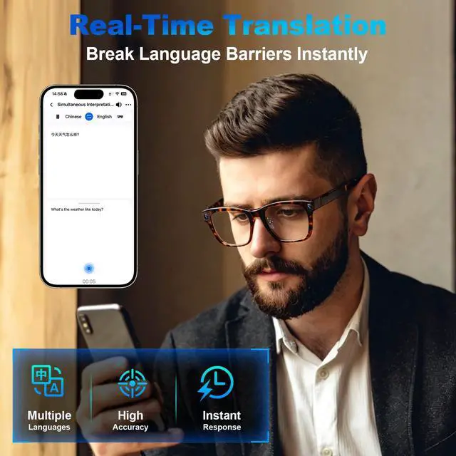 Alt view image 4 of 7 - AI Smart Glasses with 8MP Camera for Men & Women, 1080P Video & Photo Capture, AI Assistant & Real-Time Translation, Open-Ear Audio, Bluetooth, Object Recognition, Photochromic Lenses