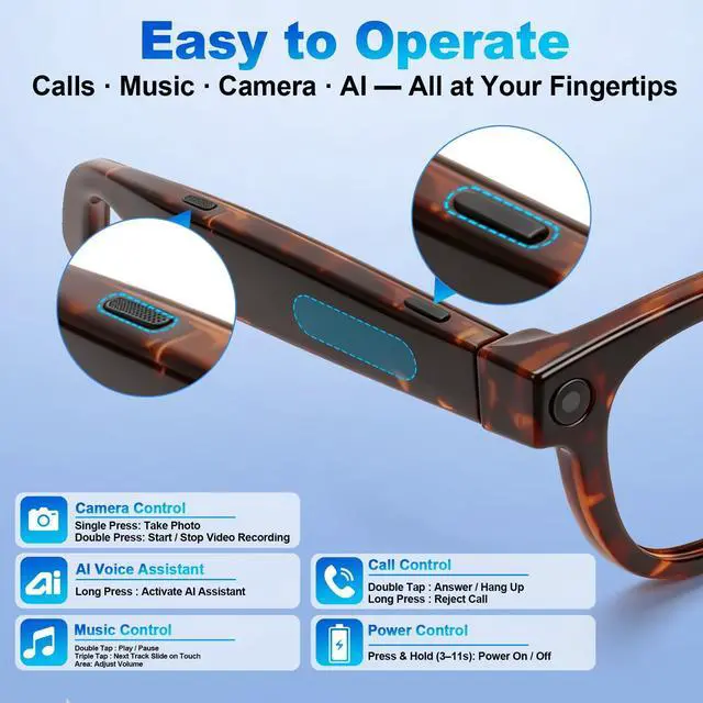 Alt view image 7 of 7 - AI Smart Glasses with 8MP Camera for Men & Women, 1080P Video & Photo Capture, AI Assistant & Real-Time Translation, Open-Ear Audio, Bluetooth, Object Recognition, Photochromic Lenses