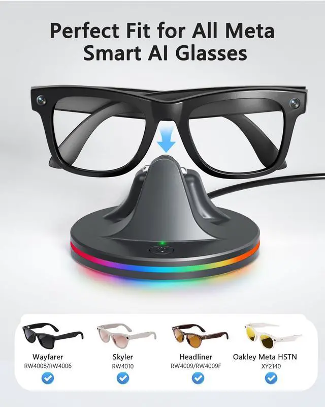 Alt view image 2 of 7 - Charging Station for Meta Ray-Ban Glasses, Space Gray | Compatible with Wayfarer, Skyler, Headliner & Oakley Meta HSTN, 7-Color RGB Light and USB-C Cable