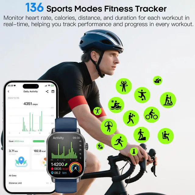 Alt view image 4 of 7 - Smart Watch for Men Women with 2.0" HD Display, Blood Pressure Oxygen Heart Rate Sleep Monitor, 136 Sports Modes, IP68 Waterproof Fitness
