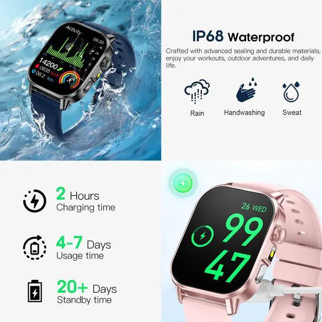 Alt view image 7 of 7 - Smart Watch for Men Women with 2.0" HD Display, Blood Pressure Oxygen Heart Rate Sleep Monitor, 136 Sports Modes, IP68 Waterproof Fitness