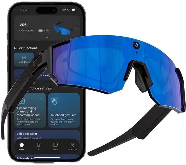 Main image of Sport AI Smart Sunglasses with 4K POV Camera (Black/Ice Blue) | Audio & Video, Real-Time Translation, AI Voice Assistant, Internal Storage, Unisex for Cycling & Outdoor Sports