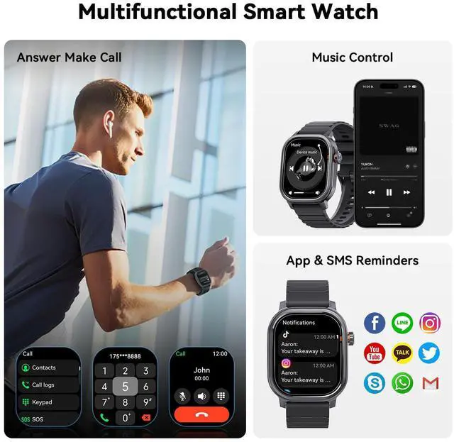 Alt view image 2 of 7 - Pulse Smart Watch, 25 Days Battery, 1.96" AMOLED Display, 170+ Sport Modes, IP68 Waterproof, Bluetooth Call, 24/7 Heart Rate & Fitness Monitor for Android & iOS, Black