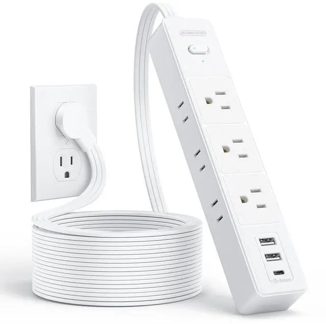 Main image of Flat Extension Cord 10 ft, Long Cord, 6 Outlets and 3 USB Ports(1 USB C), 1625W/13A Overload Protection, Wall Mount, Flat Plug Power Strip for Home, Dorm, Office