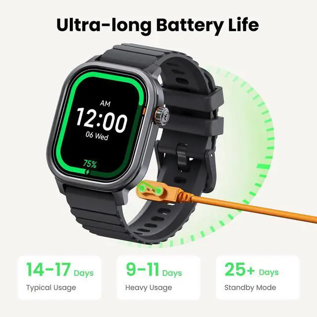 Alt view image 6 of 7 - Pulse Smart Watch, 25 Days Battery, 1.96" AMOLED Display, 170+ Sport Modes, IP68 Waterproof, Bluetooth Call, 24/7 Heart Rate & Fitness Monitor for Android & iOS, Black