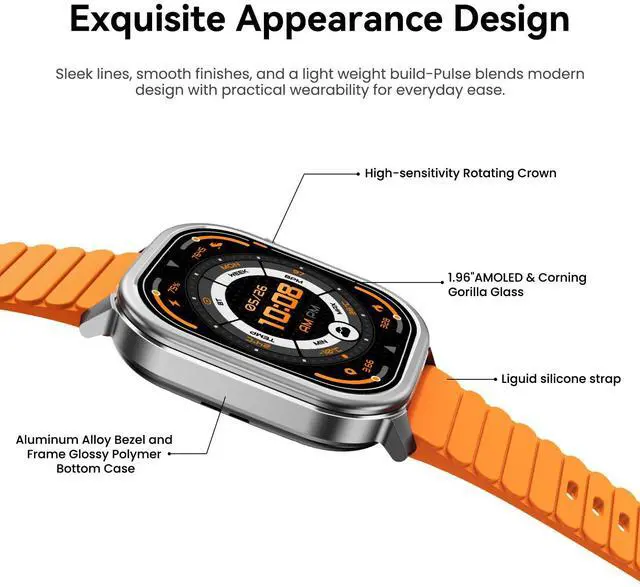 Alt view image 7 of 7 - Pulse Smart Watch, 25 Days Battery, 1.96" AMOLED Display, 170+ Sport Modes, IP68 Waterproof, Bluetooth Call, 24/7 Heart Rate & Fitness Monitor for Android & iOS, Black