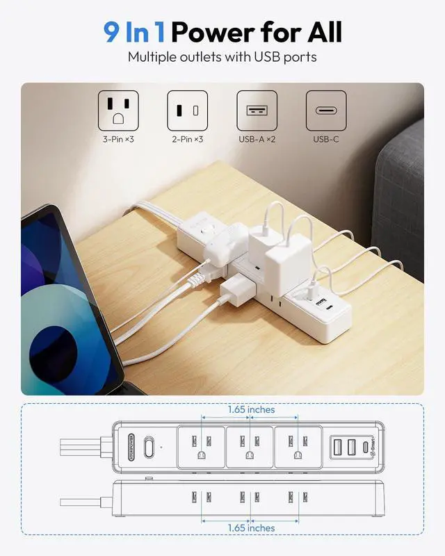 Alt view image 3 of 7 - Flat Extension Cord 10 ft, Long Cord, 6 Outlets and 3 USB Ports(1 USB C), 1625W/13A Overload Protection, Wall Mount, Flat Plug Power Strip for Home, Dorm, Office