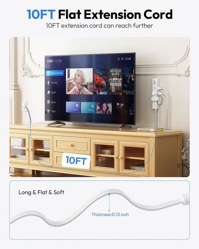 Alt view image 5 of 7 - Flat Extension Cord 10 ft, Long Cord, 6 Outlets and 3 USB Ports(1 USB C), 1625W/13A Overload Protection, Wall Mount, Flat Plug Power Strip for Home, Dorm, Office