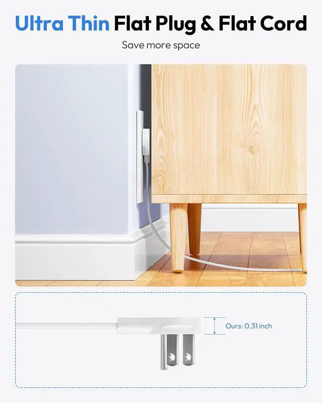 Alt view image 7 of 7 - Flat Extension Cord 10 ft, Long Cord, 6 Outlets and 3 USB Ports(1 USB C), 1625W/13A Overload Protection, Wall Mount, Flat Plug Power Strip for Home, Dorm, Office