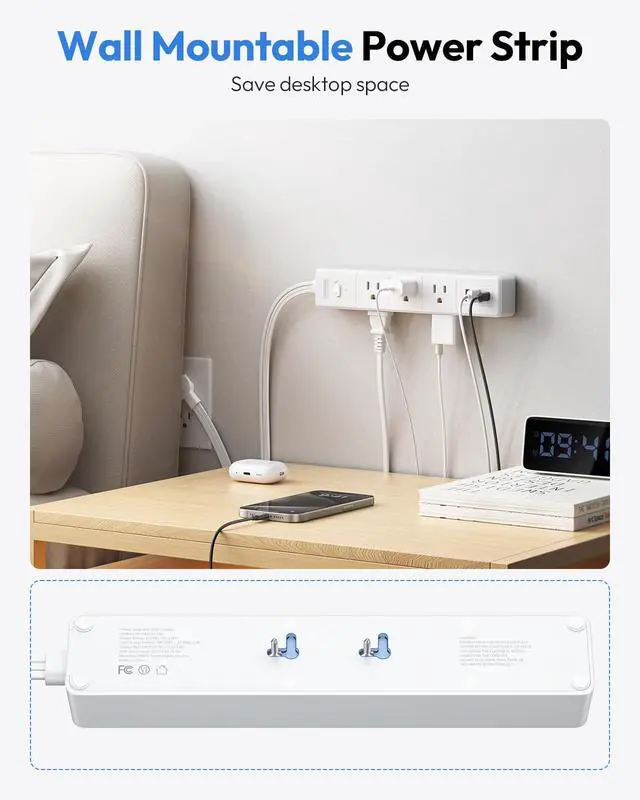 Alt view image 6 of 7 - Flat Extension Cord 10 ft, Long Cord, 6 Outlets and 3 USB Ports(1 USB C), 1625W/13A Overload Protection, Wall Mount, Flat Plug Power Strip for Home, Dorm, Office