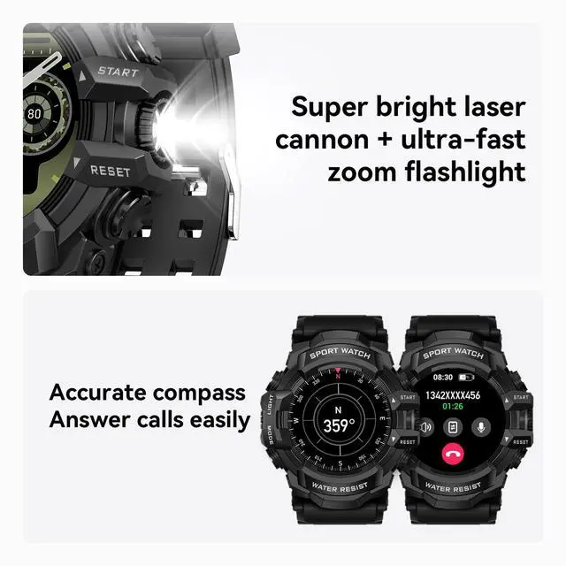 Alt view image 3 of 6 - Military Smart Watch for Men (Answer/Make Call), iOS & Android | Flashlight/Compass/Heart Rate/Sleep/Long Battery Life/HD Screen/100+ Sports Modes Fitness Tracker