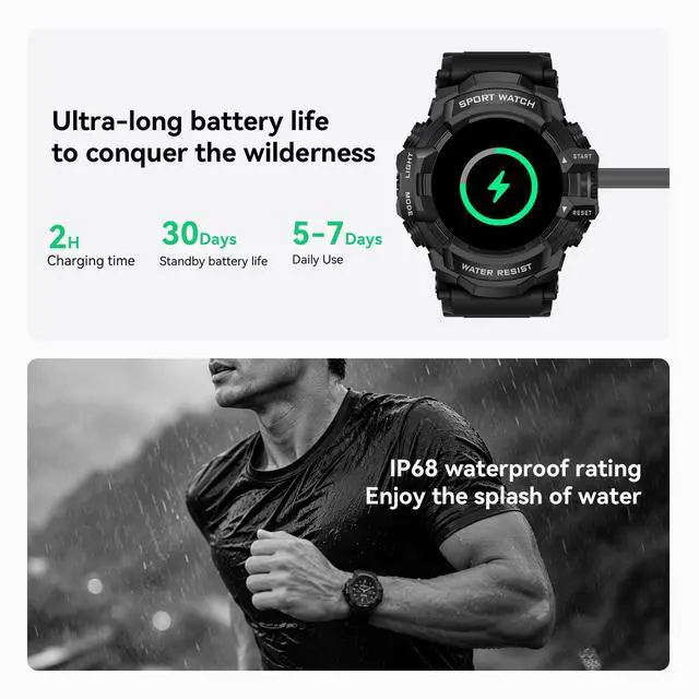 Alt view image 4 of 6 - Military Smart Watch for Men (Answer/Make Call), iOS & Android | Flashlight/Compass/Heart Rate/Sleep/Long Battery Life/HD Screen/100+ Sports Modes Fitness Tracker