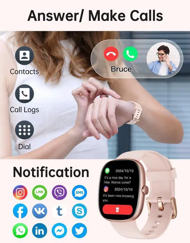 Alt view image 3 of 7 - Smart Watch for Women, Bluetooth Call, for iPhone/Android Pink | 1.85" HD, Fitness Tracker Watch, Heart Rate/Sleep/Stress Monitor, Step/Calories Counter, 100+ Sport Types, IP68 Waterproof