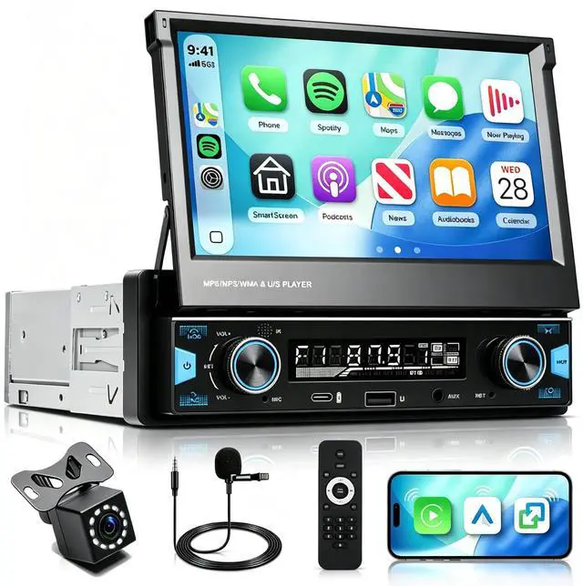 Main image of 7 Inch Single DIN Flip Out Car Stereo with Wireless CarPlay & Android Auto-IPS Touchscreen with Dual Knob, Bluetooth 5.0, Backup Camera, SWC, FM/AM Radio, Type-C Fast Charging | Universal Fit