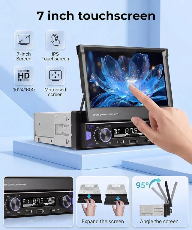 Alt view image 3 of 7 - 7 Inch Single DIN Flip Out Car Stereo with Wireless CarPlay & Android Auto-IPS Touchscreen with Dual Knob, Bluetooth 5.0, Backup Camera, SWC, FM/AM Radio, Type-C Fast Charging | Universal Fit