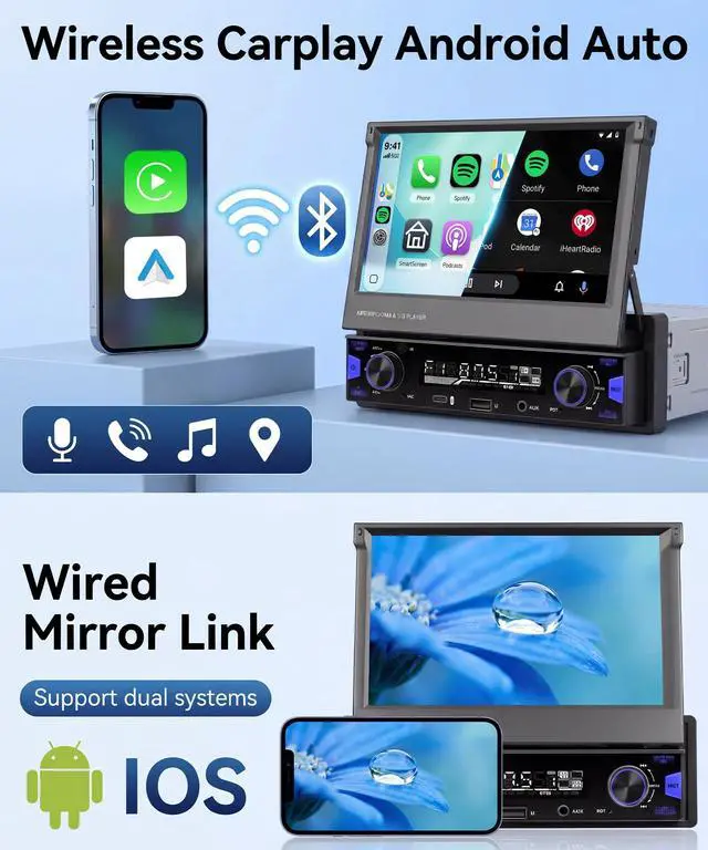 Alt view image 2 of 7 - 7 Inch Single DIN Flip Out Car Stereo with Wireless CarPlay & Android Auto-IPS Touchscreen with Dual Knob, Bluetooth 5.0, Backup Camera, SWC, FM/AM Radio, Type-C Fast Charging | Universal Fit