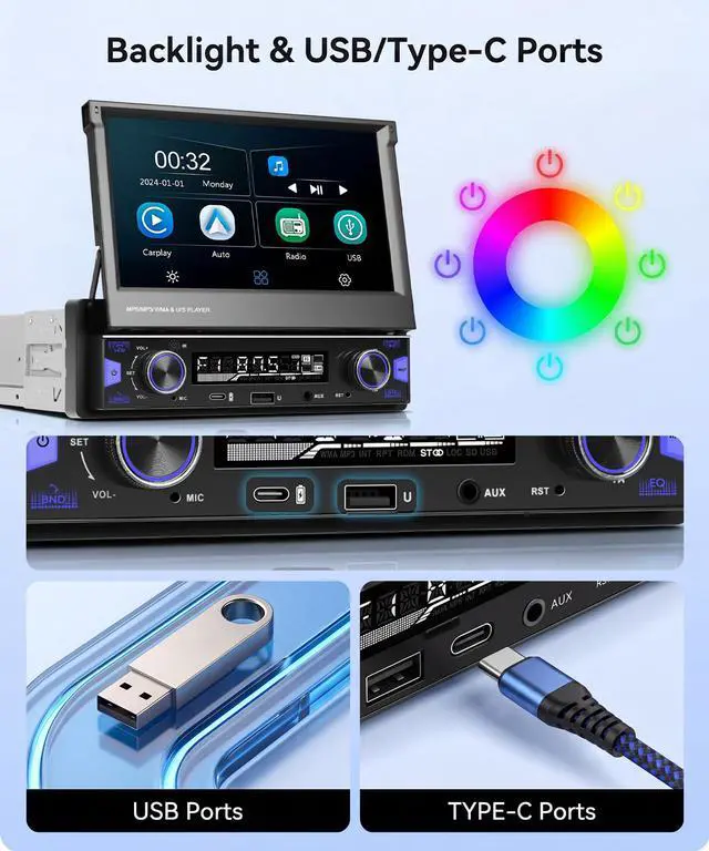 Alt view image 4 of 7 - 7 Inch Single DIN Flip Out Car Stereo with Wireless CarPlay & Android Auto-IPS Touchscreen with Dual Knob, Bluetooth 5.0, Backup Camera, SWC, FM/AM Radio, Type-C Fast Charging | Universal Fit