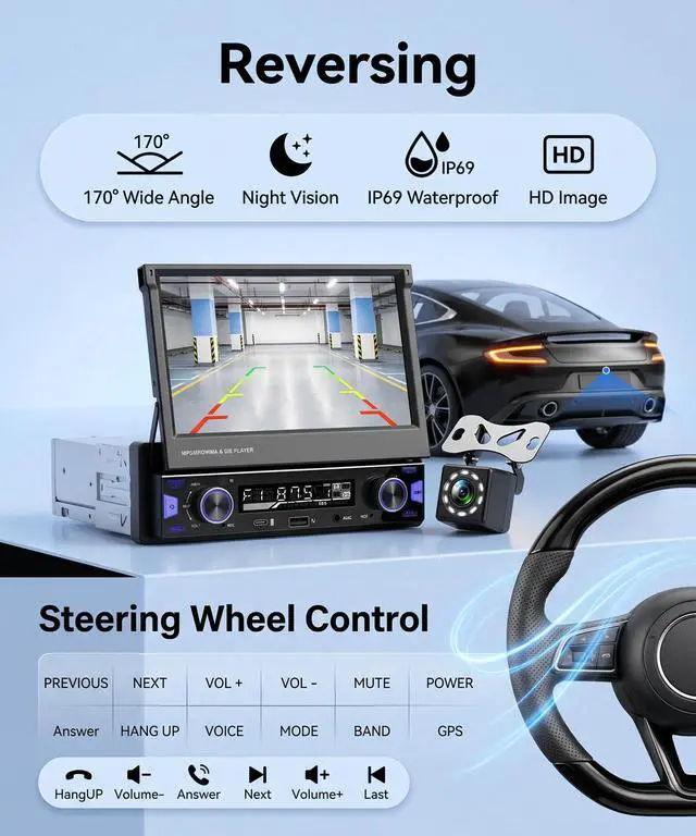 Alt view image 6 of 7 - 7 Inch Single DIN Flip Out Car Stereo with Wireless CarPlay & Android Auto-IPS Touchscreen with Dual Knob, Bluetooth 5.0, Backup Camera, SWC, FM/AM Radio, Type-C Fast Charging | Universal Fit