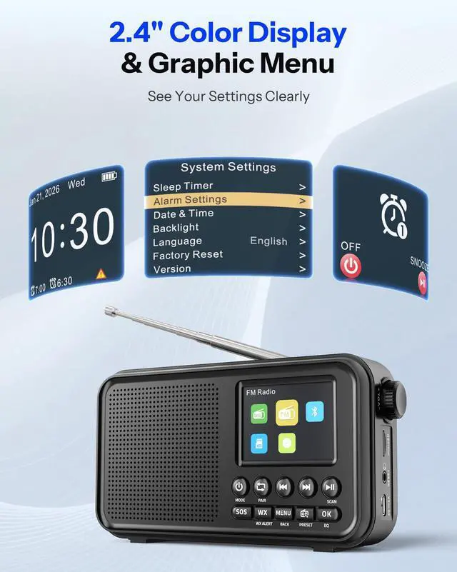 Alt view image 2 of 7 - Portable FM Radio with Bluetooth, NOAA Weather Radio, 3000mAh Rechargeable | Auto Scan 40 FM Presets, 8W Speaker, 6 EQ Modes, Dual Alarms, Sleep Timer, 2.4" Color Display, Emergeny Radio SOS