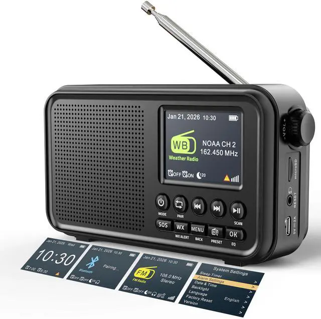 Main image of Portable FM Radio with Bluetooth, NOAA Weather Radio, 3000mAh Rechargeable | Auto Scan 40 FM Presets, 8W Speaker, 6 EQ Modes, Dual Alarms, Sleep Timer, 2.4" Color Display, Emergeny Radio SOS