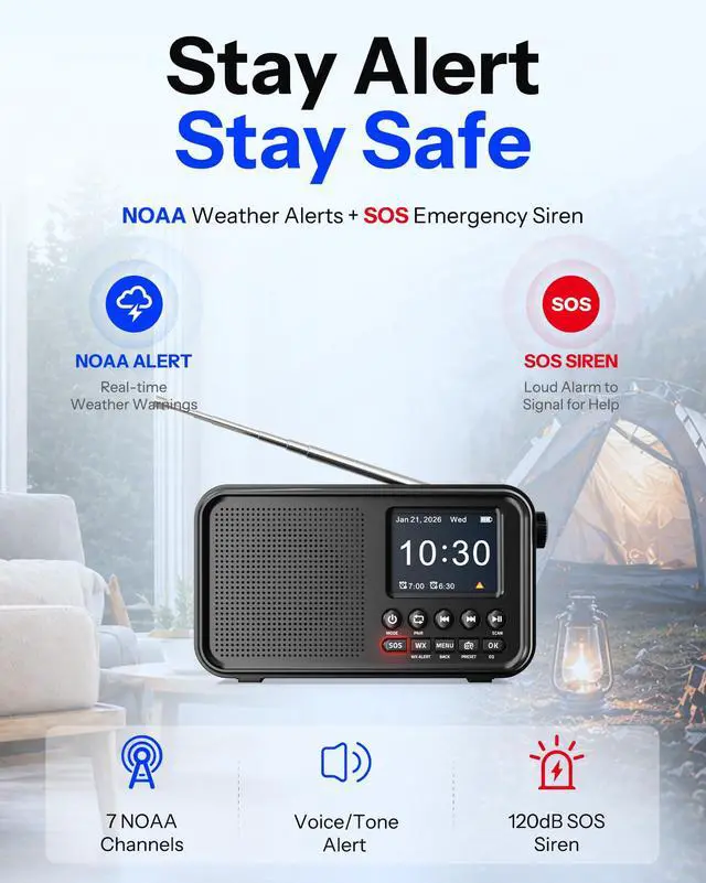 Alt view image 3 of 7 - Portable FM Radio with Bluetooth, NOAA Weather Radio, 3000mAh Rechargeable | Auto Scan 40 FM Presets, 8W Speaker, 6 EQ Modes, Dual Alarms, Sleep Timer, 2.4" Color Display, Emergeny Radio SOS