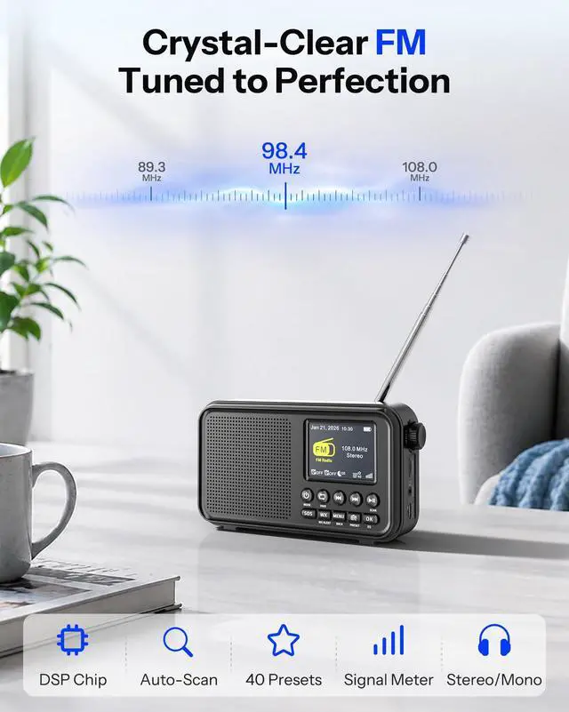 Alt view image 4 of 7 - Portable FM Radio with Bluetooth, NOAA Weather Radio, 3000mAh Rechargeable | Auto Scan 40 FM Presets, 8W Speaker, 6 EQ Modes, Dual Alarms, Sleep Timer, 2.4" Color Display, Emergeny Radio SOS