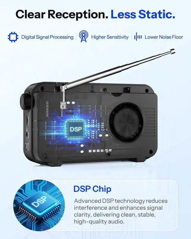 Alt view image 5 of 7 - Portable FM Radio with Bluetooth, NOAA Weather Radio, 3000mAh Rechargeable | Auto Scan 40 FM Presets, 8W Speaker, 6 EQ Modes, Dual Alarms, Sleep Timer, 2.4" Color Display, Emergeny Radio SOS