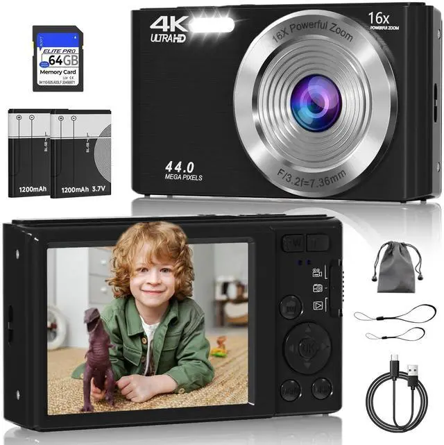Main image of Digital Camera FHD 4K Kids Camera 44MP with 64GB SD Card (Black) | Autofocus