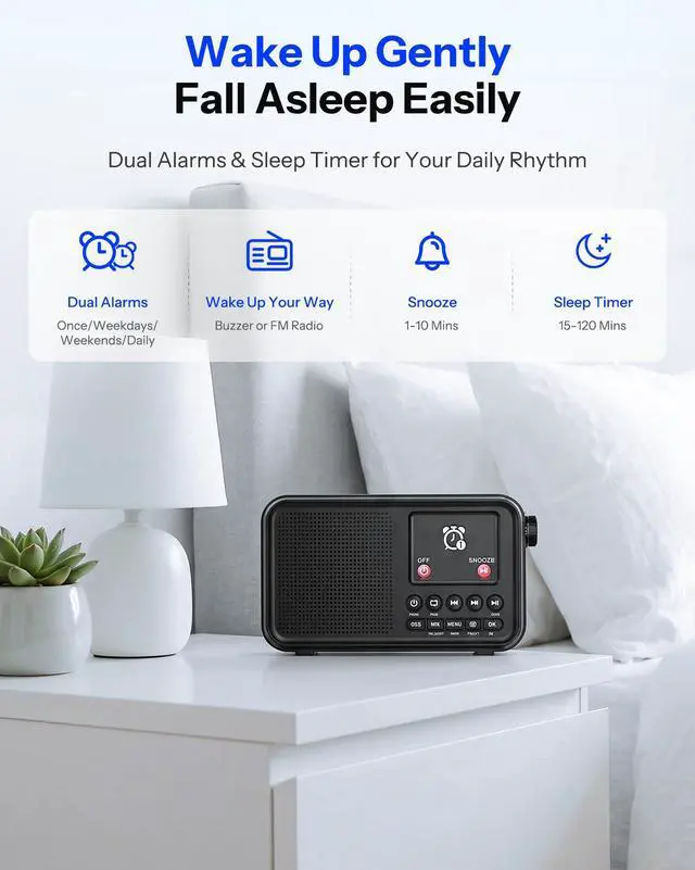 Alt view image 7 of 7 - Portable FM Radio with Bluetooth, NOAA Weather Radio, 3000mAh Rechargeable | Auto Scan 40 FM Presets, 8W Speaker, 6 EQ Modes, Dual Alarms, Sleep Timer, 2.4" Color Display, Emergeny Radio SOS