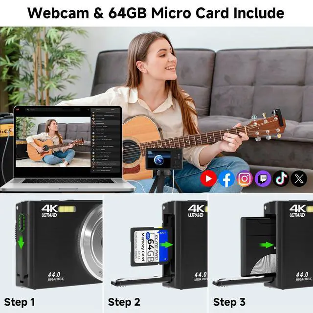 Alt view image 7 of 7 - Digital Camera FHD 4K Kids Camera 44MP with 64GB SD Card (Black) | Autofocus