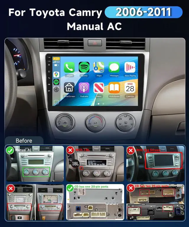 Alt view image 2 of 7 - 4G+64G Car Stereo for Toyota Camry 2006-2011(Manual A/C) Wireless CarPlay Android Auto,Android 10.1 IPS Touchscreen Car Radio BT5.0,GPS,5G WiFi,SWC,59UI,32EQ AI DSP+HD Backup Camera for Camry Radio