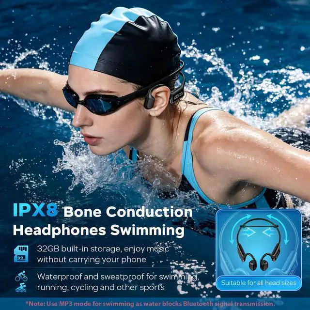 Alt view image 2 of 7 - Swimming Headphones, 32GB IPX8 Waterproof MP3 Player with LED Display, Bone Conduction Headphones with Bluetooth 5.4, 8H Playtime Lightweight & Secure Fit for Swimming, Running & Cycling Black