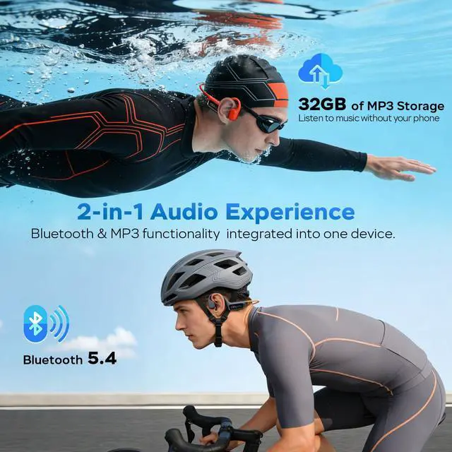 Alt view image 3 of 7 - Swimming Headphones, 32GB IPX8 Waterproof MP3 Player with LED Display, Bone Conduction Headphones with Bluetooth 5.4, 8H Playtime Lightweight & Secure Fit for Swimming, Running & Cycling Black