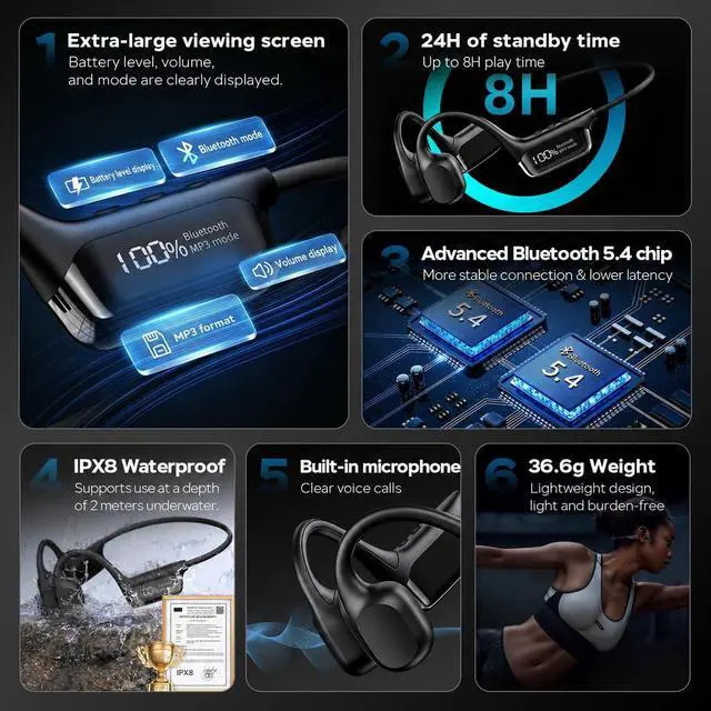 Alt view image 7 of 7 - Swimming Headphones, 32GB IPX8 Waterproof MP3 Player with LED Display, Bone Conduction Headphones with Bluetooth 5.4, 8H Playtime Lightweight & Secure Fit for Swimming, Running & Cycling Black