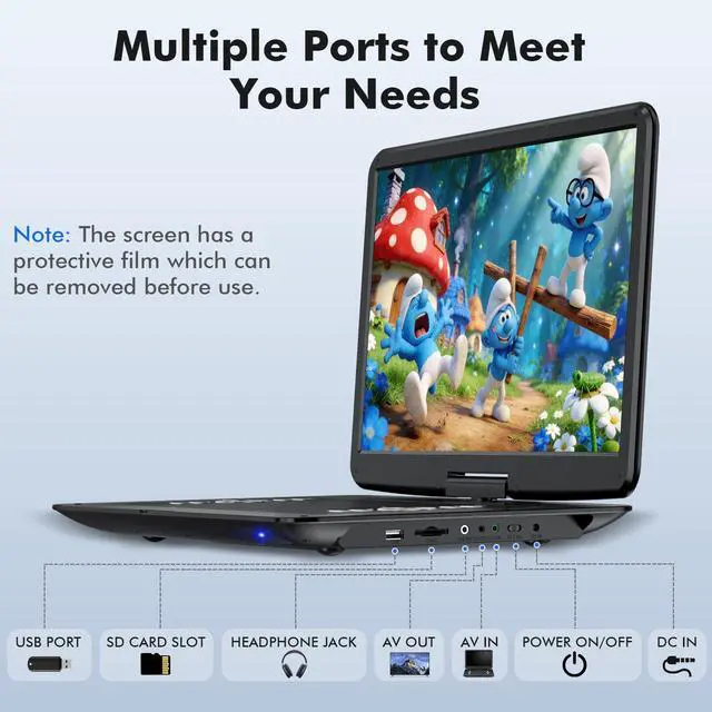 Alt view image 6 of 7 - 18" Portable DVD Player with 15.6" HD Swivel Screen, 6 Hours Rechargeable Battery, Large DVD Player Portable Support MP4, MKV Video & USB/SD Card/Sync TV, High Volume Speaker, All Regions