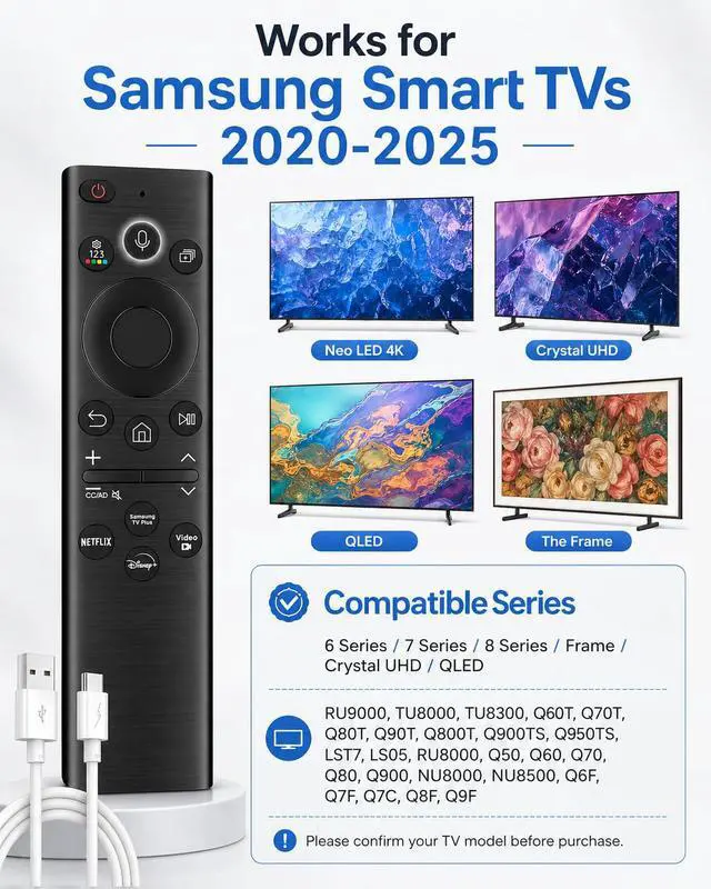 Alt view image 2 of 7 - BN59-01385A Solar Voice Remote Control Replacement for Samsung Smart TVs 2020-2025, Compatible with Frame Crystal UHD QLED Neo LED 4K TVs, Bluetooth USB-C Rechargeable, USB-C Included
