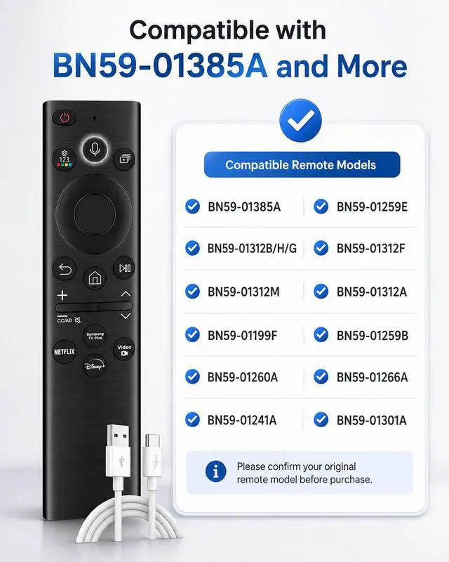 Alt view image 3 of 7 - BN59-01385A Solar Voice Remote Control Replacement for Samsung Smart TVs 2020-2025, Compatible with Frame Crystal UHD QLED Neo LED 4K TVs, Bluetooth USB-C Rechargeable, USB-C Included
