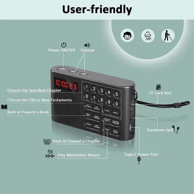 Alt view image 3 of 6 - KJV Audio Bible Player for Seniors & Blind, One-Button Play | Electronic Audio Bible, King James Version, New & Old Testament, Listen Anytime Anywhere, Durable & Lightweight, Ideal Gift