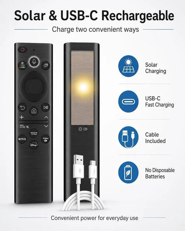 Alt view image 4 of 7 - BN59-01385A Solar Voice Remote Control Replacement for Samsung Smart TVs 2020-2025, Compatible with Frame Crystal UHD QLED Neo LED 4K TVs, Bluetooth USB-C Rechargeable, USB-C Included