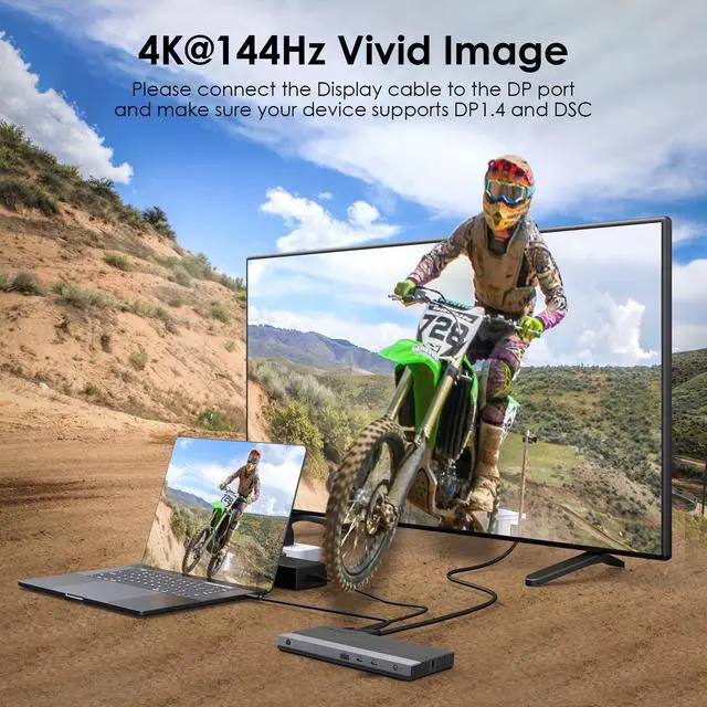 Alt view image 3 of 7 - Laptop Docking Station, Dual DisplayPort,HDMI, Single 4K@144Hz | 130W PD Charger, 4×USB-A 5Gb, Gigabit Ethernet, SD/TF and Mic/Audio, Compatible with Windows Only