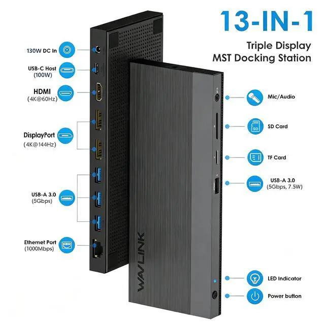 Alt view image 2 of 7 - Laptop Docking Station, Dual DisplayPort,HDMI, Single 4K@144Hz | 130W PD Charger, 4×USB-A 5Gb, Gigabit Ethernet, SD/TF and Mic/Audio, Compatible with Windows Only
