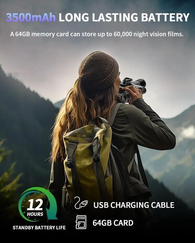 Alt view image 5 of 7 - 4K HD Night Vision Goggles with Helmet Mount, 8X Zoom, 1968ft View Range, Dual Display Screens and 64GB Card for Outdoor Activities, Dark Black