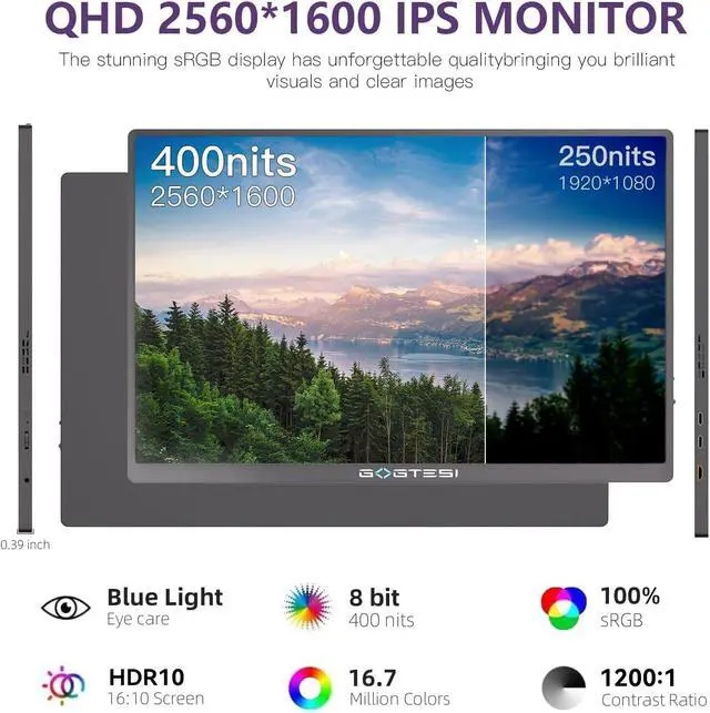 Alt view image 3 of 7 - Portable Gaming Monitor, 16-inch, 120Hz, 100% sRGB, 2.5K QHD, 400 nits, with HDR, Ultra-Slim Design, Eye Protection Features, External Second Screen, Compatible with laptops/PCs/PS5/Mac/Xbox