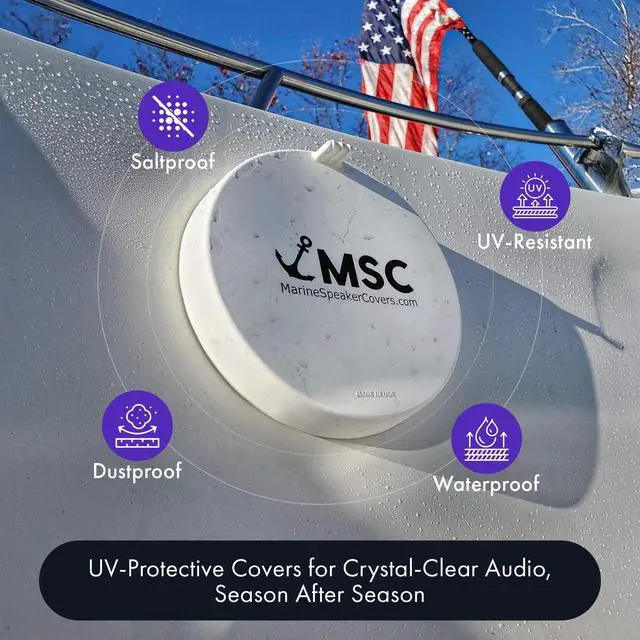 Alt view image 2 of 5 - 8.5" Marine Speaker Cover Boat Speaker Protector with Sun, Water, Dust, UV Protection, Military-Grade Silicone Design, White Case with Black Logo, Sold as Pair (215mm)