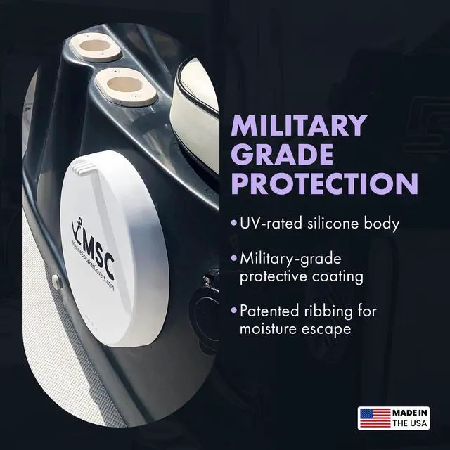Alt view image 3 of 5 - 8.5" Marine Speaker Cover Boat Speaker Protector with Sun, Water, Dust, UV Protection, Military-Grade Silicone Design, White Case with Black Logo, Sold as Pair (215mm)