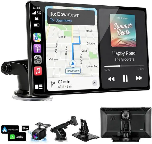 Main image of 9" Wireless Apple Carplay & Android Auto Screen for Car with OTA Update | Portable Carplay HD Touchscreen with 4K Dash Cam, Bluetooth, Backup Camera, Mirror Link, Navigation, Voice Control, AUX, FM