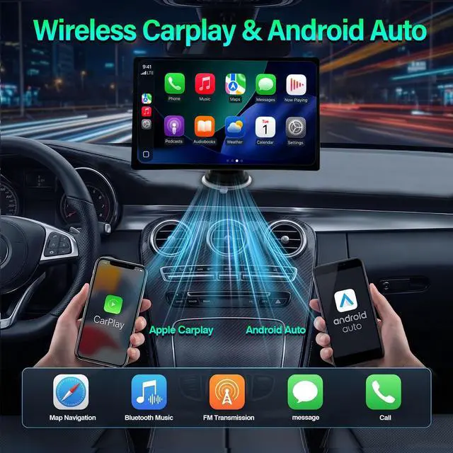 Alt view image 2 of 7 - 9" Wireless Apple Carplay & Android Auto Screen for Car with OTA Update | Portable Carplay HD Touchscreen with 4K Dash Cam, Bluetooth, Backup Camera, Mirror Link, Navigation, Voice Control, AUX, FM