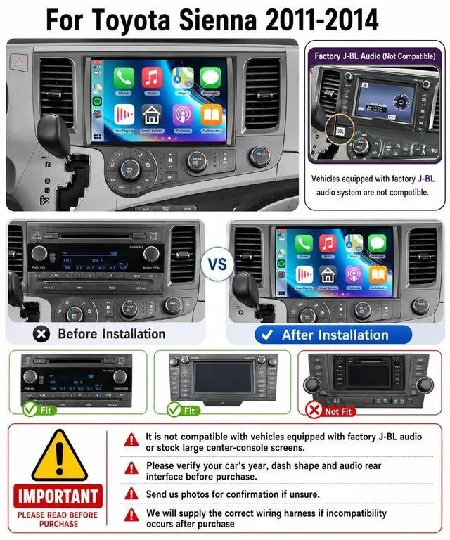 Alt view image 3 of 7 - 4 Core+64G Android 15 Car Stereo for Toyota Sienna 2011-2014 with Wireless Carplay Android Auto, 9 Inch Touch Screen Radio Support GPS/ 5G WiFi/Bluetooth/SWC+Backup Camera