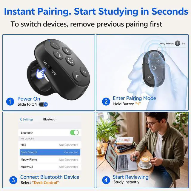 Alt view image 5 of 7 - 6-Button Remote Clicker Ring for Anki with Up and Down Controls | Again, Hard, Good and Easy ratings, Rechargeable, Wireless Flashcard Remote for iPhone, iPad, Mac, Android & Windows