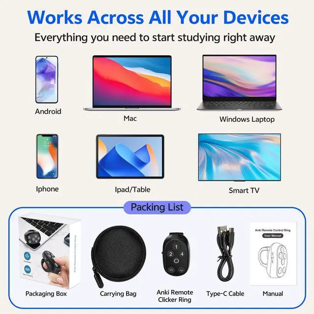 Alt view image 6 of 7 - 6-Button Remote Clicker Ring for Anki with Up and Down Controls | Again, Hard, Good and Easy ratings, Rechargeable, Wireless Flashcard Remote for iPhone, iPad, Mac, Android & Windows